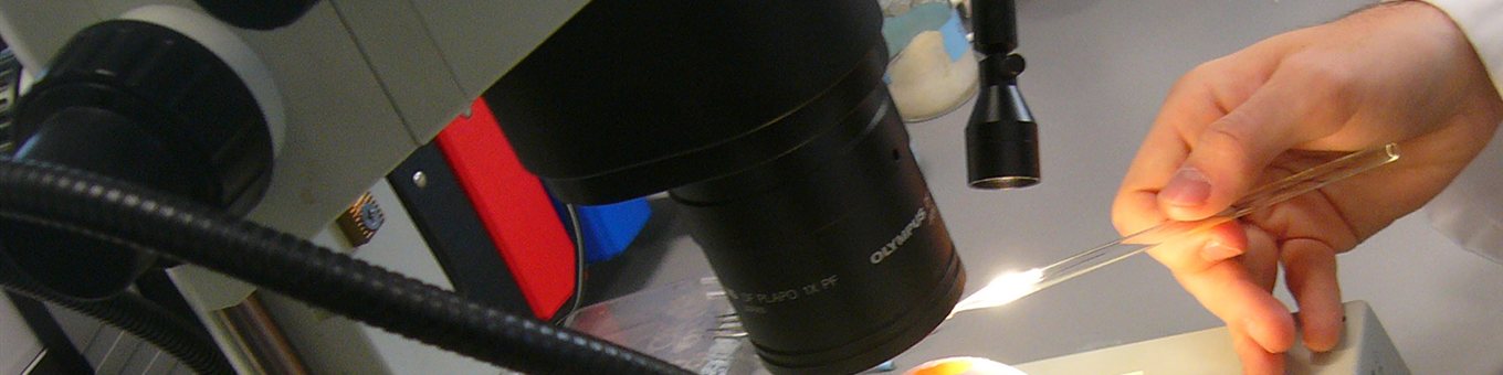 Close up image of a microscope in a lab