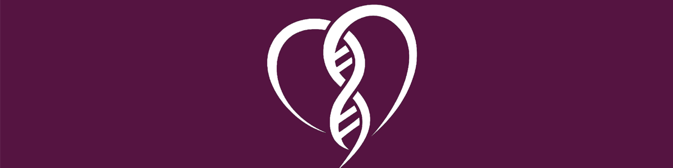 A purple background with white writing reading helix of love and a heart with dna in the middle