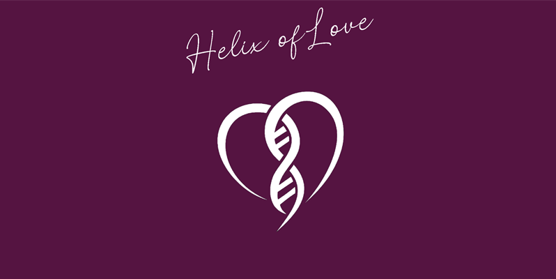 A purple background with white writing reading helix of love and a heart with dna in the middle