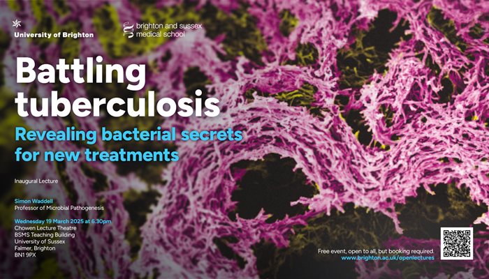 A graphic showing tuberculosis and the title of simon waddell's inaugural lecture