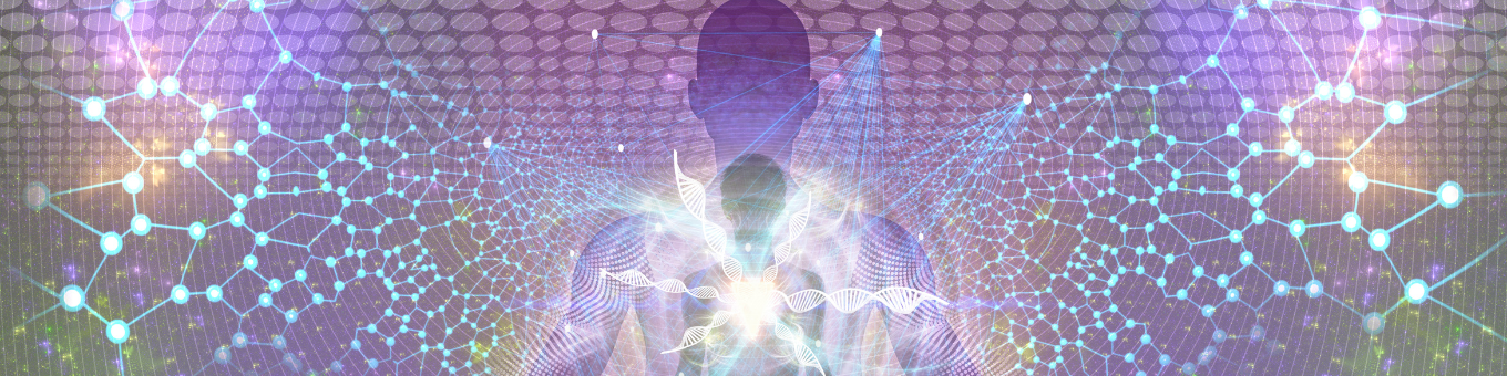 The outline of a persons figure standing with their arms spread open with purple light shining out of them