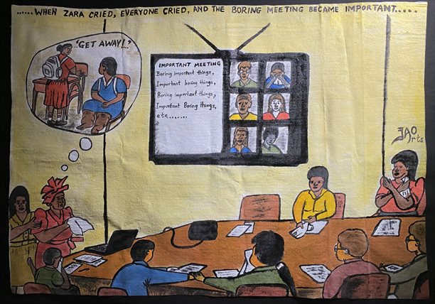 Painting from Gem Aellah’s paper that shows people sat around a table and the wuote 'When Zara cried, everyone one cried. And the boring meeting became important' written on it