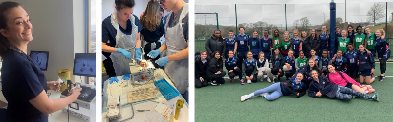 A montage image featuring two photos of Enya in surgery tutorials and a third image of Enya and the BSMS sports team on a 3G pitch