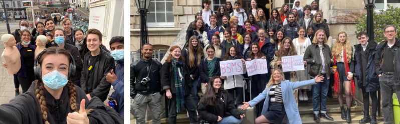 Two photos of Enya and fellow students from BSMS' Anatomy Society smiling at the camera during a trip to the Gordon Museum of Anatomy and Pathology