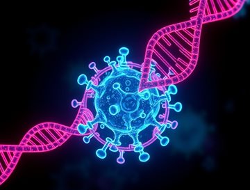 An illustration showing a purple strand of dna and a blue cell on a black background