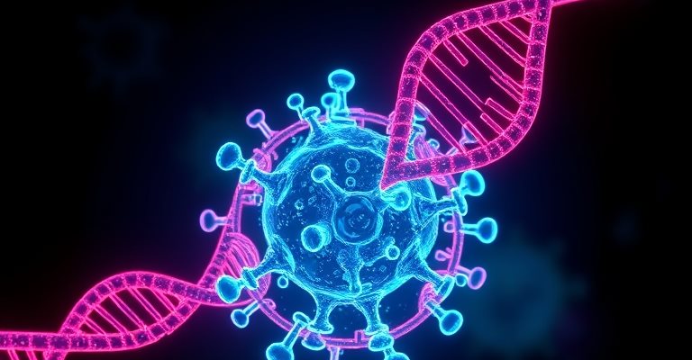 An illustration showing a purple strand of dna and a blue cell on a black background