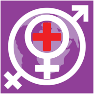 A purple graphic with a white and red female sex symbol