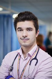 Ollie Pentz on a hospital ward wearing a stethoscope